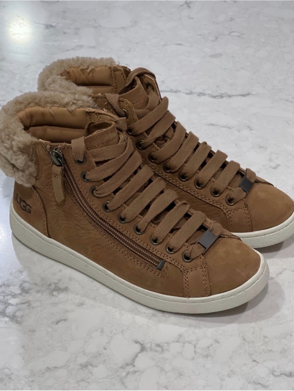 UGG Chestnut Suede Shearling-Trim High Top Sneakers